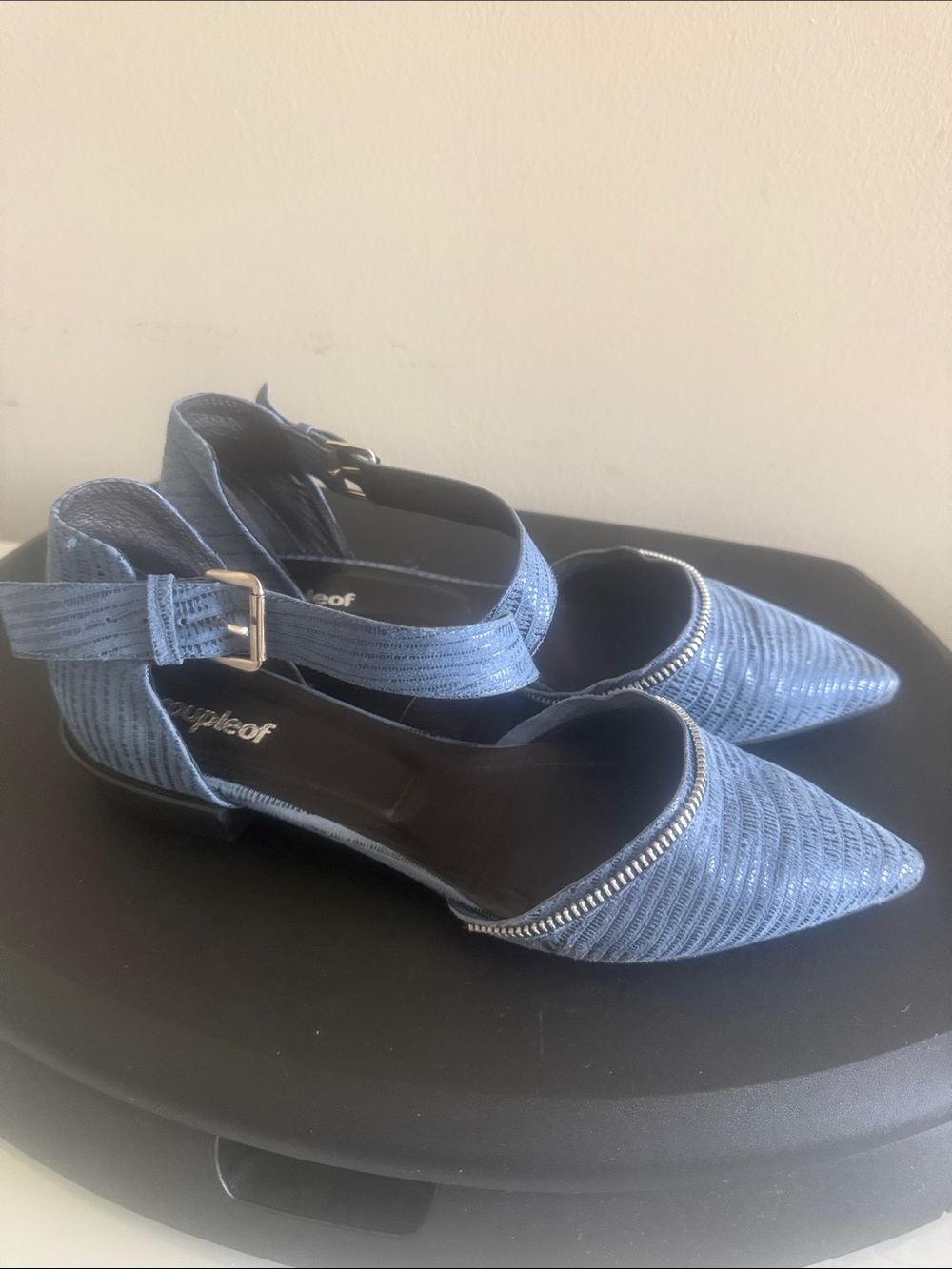 Couple of Pointed Blue Ankle Strap Flats with Textured Finish